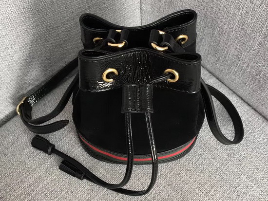 Gucci Ophidia Mini Bucket Bag Black Suede with Black Patent Leather Trim