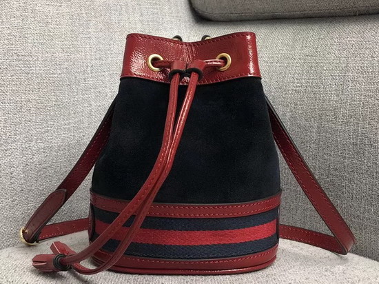 Gucci Ophidia Mini Bucket Bag Blue Suede with Red Leather Trim