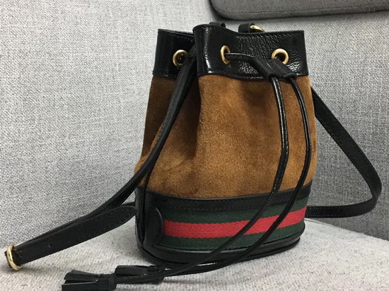 Gucci Ophidia Mini Bucket Bag Chestnut Suede with Black Patent Leather Trim