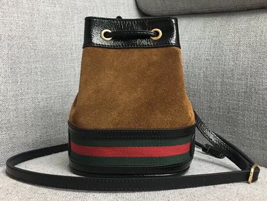 Gucci Ophidia Mini Bucket Bag Chestnut Suede with Black Patent Leather Trim