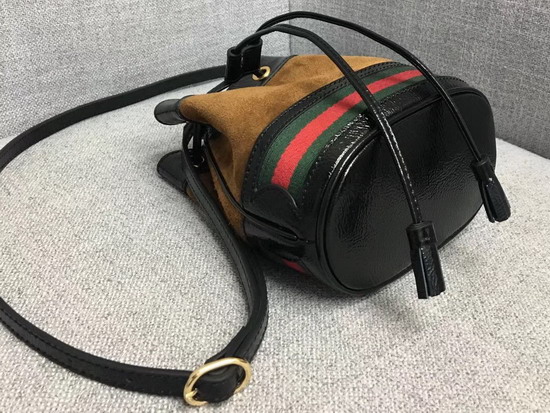 Gucci Ophidia Mini Bucket Bag Chestnut Suede with Black Patent Leather Trim