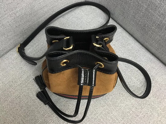 Gucci Ophidia Mini Bucket Bag Chestnut Suede with Black Patent Leather Trim