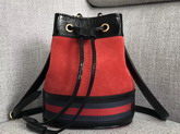 Gucci Ophidia Mini Bucket Bag Hibiscus Red Suede with Black Patent Leather Trim