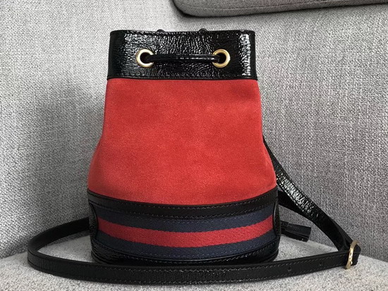 Gucci Ophidia Mini Bucket Bag Hibiscus Red Suede with Black Patent Leather Trim