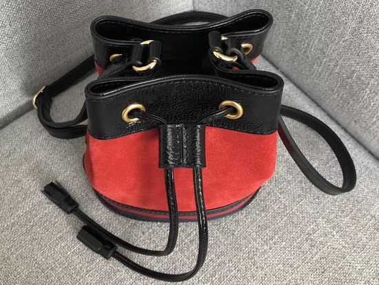 Gucci Ophidia Mini Bucket Bag Hibiscus Red Suede with Black Patent Leather Trim