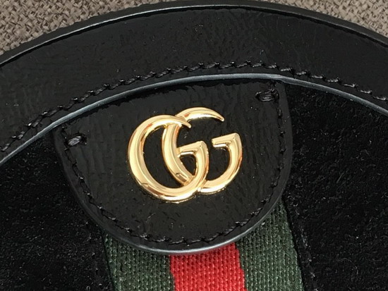 Gucci Ophidia Mini Round Shoulder Bag in Black Suede and Patent Leather Trim