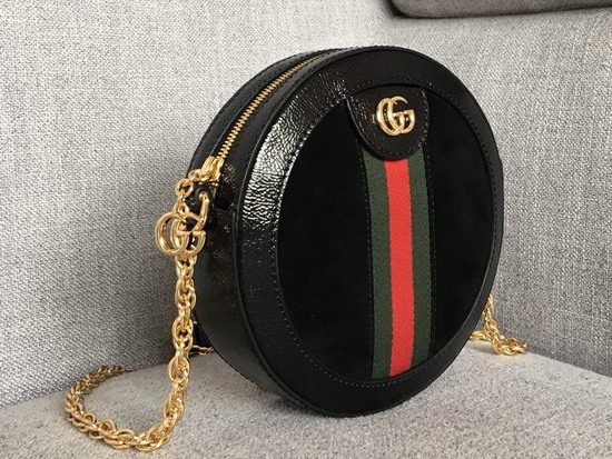 Gucci Ophidia Mini Round Shoulder Bag in Black Suede and Patent Leather Trim