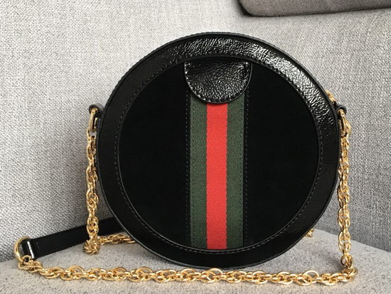 Gucci Ophidia Mini Round Shoulder Bag in Black Suede and Patent Leather Trim