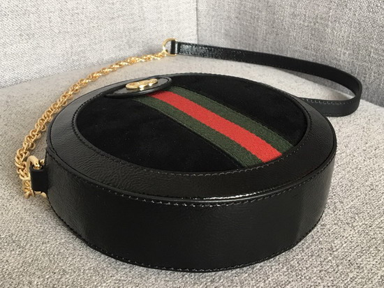 Gucci Ophidia Mini Round Shoulder Bag in Black Suede and Patent Leather Trim