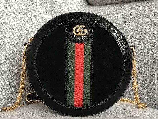 Gucci Ophidia Mini Round Shoulder Bag in Black Suede and Patent Leather Trim