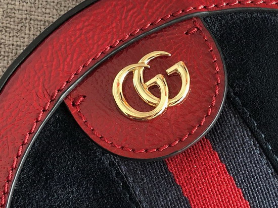 Gucci Ophidia Mini Round Shoulder Bag in Black Suede and Red Patent Leather Trim