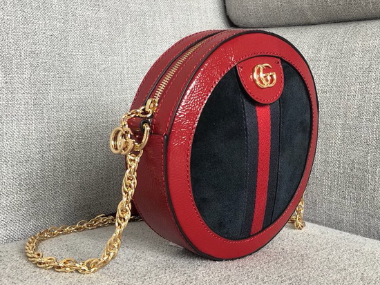 Gucci Ophidia Mini Round Shoulder Bag in Black Suede and Red Patent Leather Trim