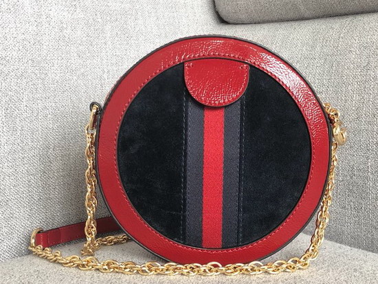 Gucci Ophidia Mini Round Shoulder Bag in Black Suede and Red Patent Leather Trim