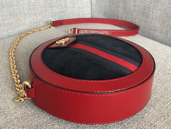 Gucci Ophidia Mini Round Shoulder Bag in Black Suede and Red Patent Leather Trim