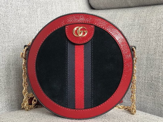 Gucci Ophidia Mini Round Shoulder Bag in Black Suede and Red Patent Leather Trim