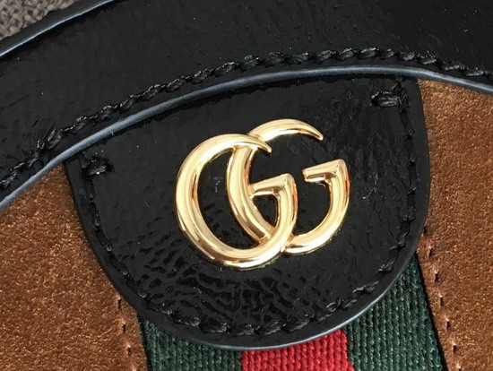 Gucci Ophidia Mini Round Shoulder Bag in Brown Suede and Black Patent Leather Trim