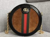 Gucci Ophidia Mini Round Shoulder Bag in Brown Suede and Black Patent Leather Trim