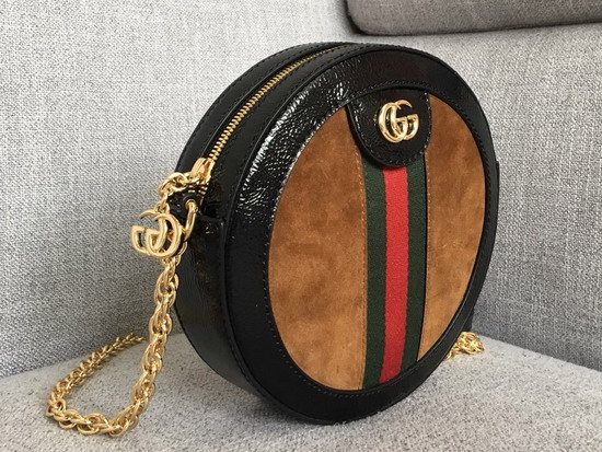 Gucci Ophidia Mini Round Shoulder Bag in Brown Suede and Black Patent Leather Trim