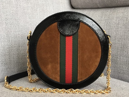 Gucci Ophidia Mini Round Shoulder Bag in Brown Suede and Black Patent Leather Trim