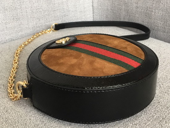 Gucci Ophidia Mini Round Shoulder Bag in Brown Suede and Black Patent Leather Trim