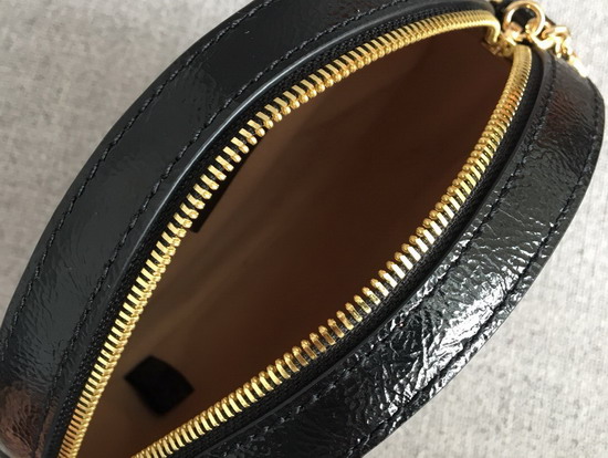 Gucci Ophidia Mini Round Shoulder Bag in Brown Suede and Black Patent Leather Trim