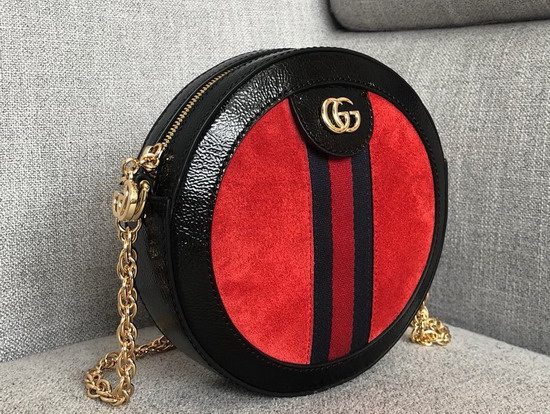 Gucci Ophidia Mini Round Shoulder Bag in Red Suede and Black Patent Leather Trim