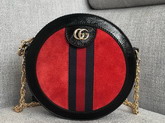 Gucci Ophidia Mini Round Shoulder Bag in Red Suede and Black Patent Leather Trim