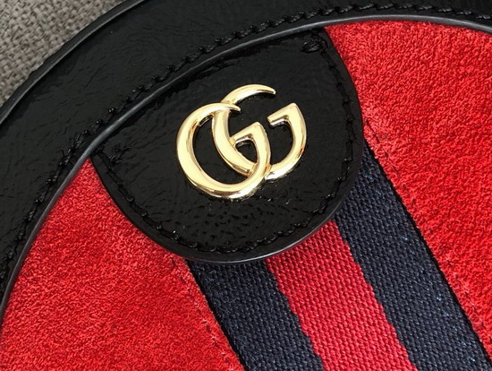 Gucci Ophidia Mini Round Shoulder Bag in Red Suede and Black Patent Leather Trim