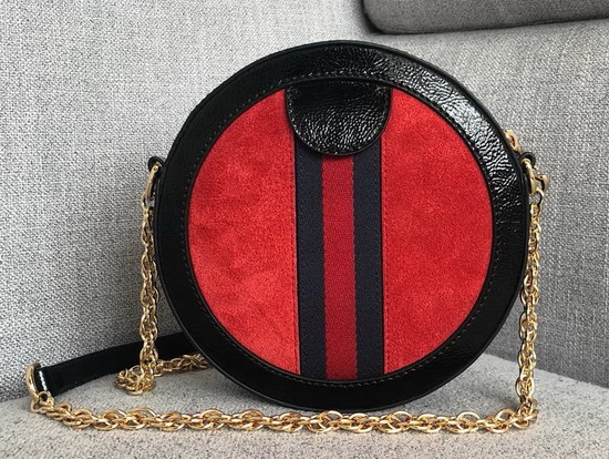 Gucci Ophidia Mini Round Shoulder Bag in Red Suede and Black Patent Leather Trim