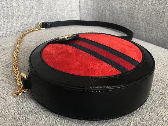 Gucci Ophidia Mini Round Shoulder Bag in Red Suede and Black Patent Leather Trim