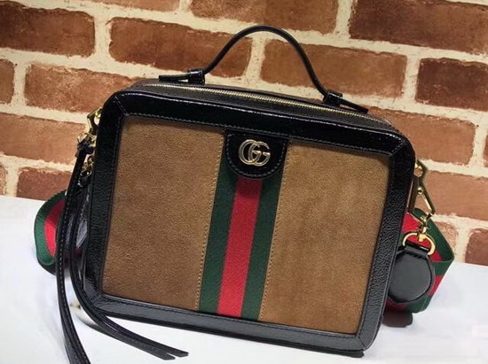 Gucci Ophidia Small Shoulder Bag Light Brown Suede and Black Patent Leather Trim 550622