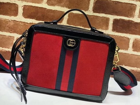 Gucci Ophidia Small Shoulder Bag Red Suede and Black Patent Leather Trim 550622