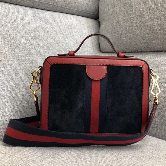 Gucci Ophidia Small Shoulder Bag in Black Suede and Red Leather Trim