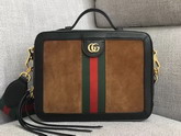 Gucci Ophidia Small Shoulder in Brown Suede and Black Patent Leather Trim 550622