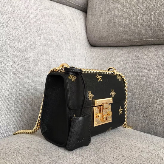 Gucci Padlock Bee Star Small Shoulder Bag Black Leather with Gold Bees and Stars Print 432182