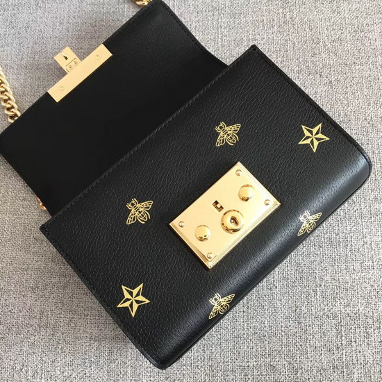 Gucci Padlock Bee Star Small Shoulder Bag Black Leather with Gold Bees and Stars Print 432182