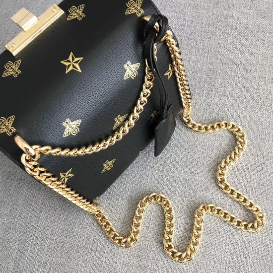 Gucci Padlock Bee Star Small Shoulder Bag Black Leather with Gold Bees and Stars Print 432182