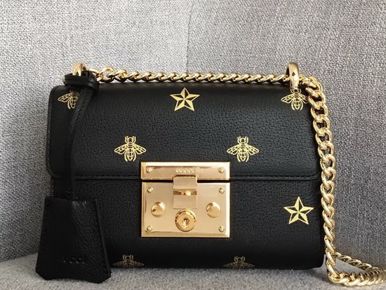 Gucci Padlock Bee Star Small Shoulder Bag Black Leather with Gold Bees and Stars Print 432182