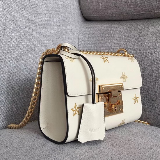 Gucci Padlock Bee Star Small Shoulder Bag White Leather with Gold Bees and Stars Print 432182