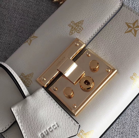 Gucci Padlock Bee Star Small Shoulder Bag White Leather with Gold Bees and Stars Print 432182