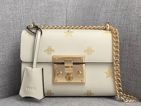 Gucci Padlock Bee Star Small Shoulder Bag White Leather with Gold Bees and Stars Print 432182