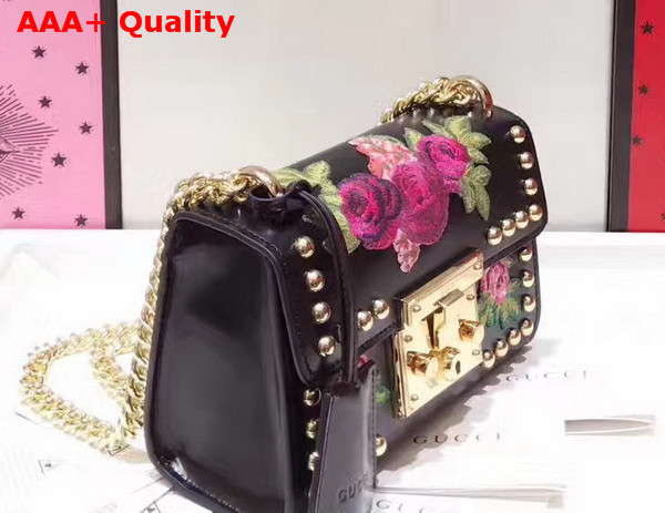 Gucci Padlock Embroidered Leather Shoulder Bag in Black Shiny Smooth Calfskin Replica