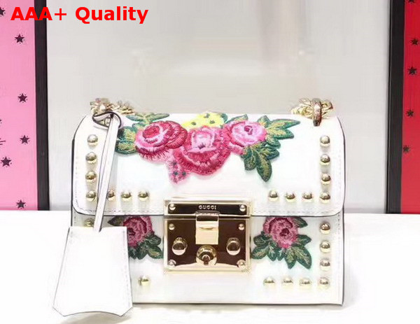 Gucci Padlock Embroidered Leather Shoulder Bag in White Shiny Smooth Calfskin Replica