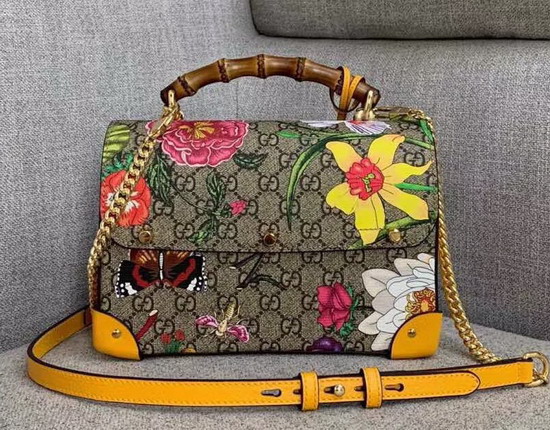 Gucci Padlock GG Flora Small Bamboo Shoulder Bag Yellow and GG Supreme Flora 603221