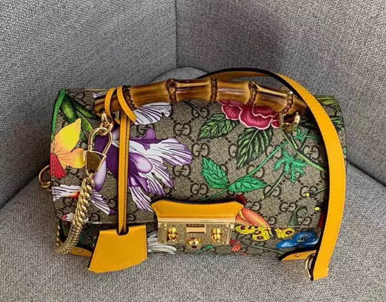 Gucci Padlock GG Flora Small Bamboo Shoulder Bag Yellow and GG Supreme Flora 603221