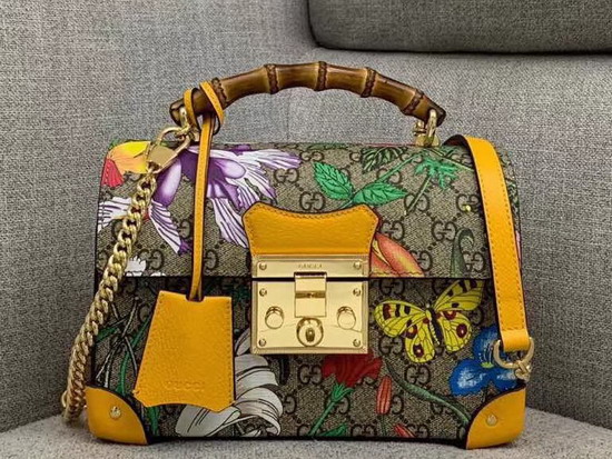 Gucci Padlock GG Flora Small Bamboo Shoulder Bag Yellow and GG Supreme Flora 603221