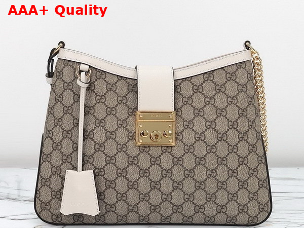 Gucci Padlock GG Medium Shoulder Bag in Beige and Ebony GG Supreme Canvas with White Leather Trim 795113 Replica