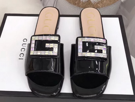 Gucci Patent Leather Slide with Crystal G Black