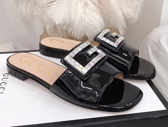 Gucci Patent Leather Slide with Crystal G Black