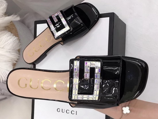 Gucci Patent Leather Slide with Crystal G Black